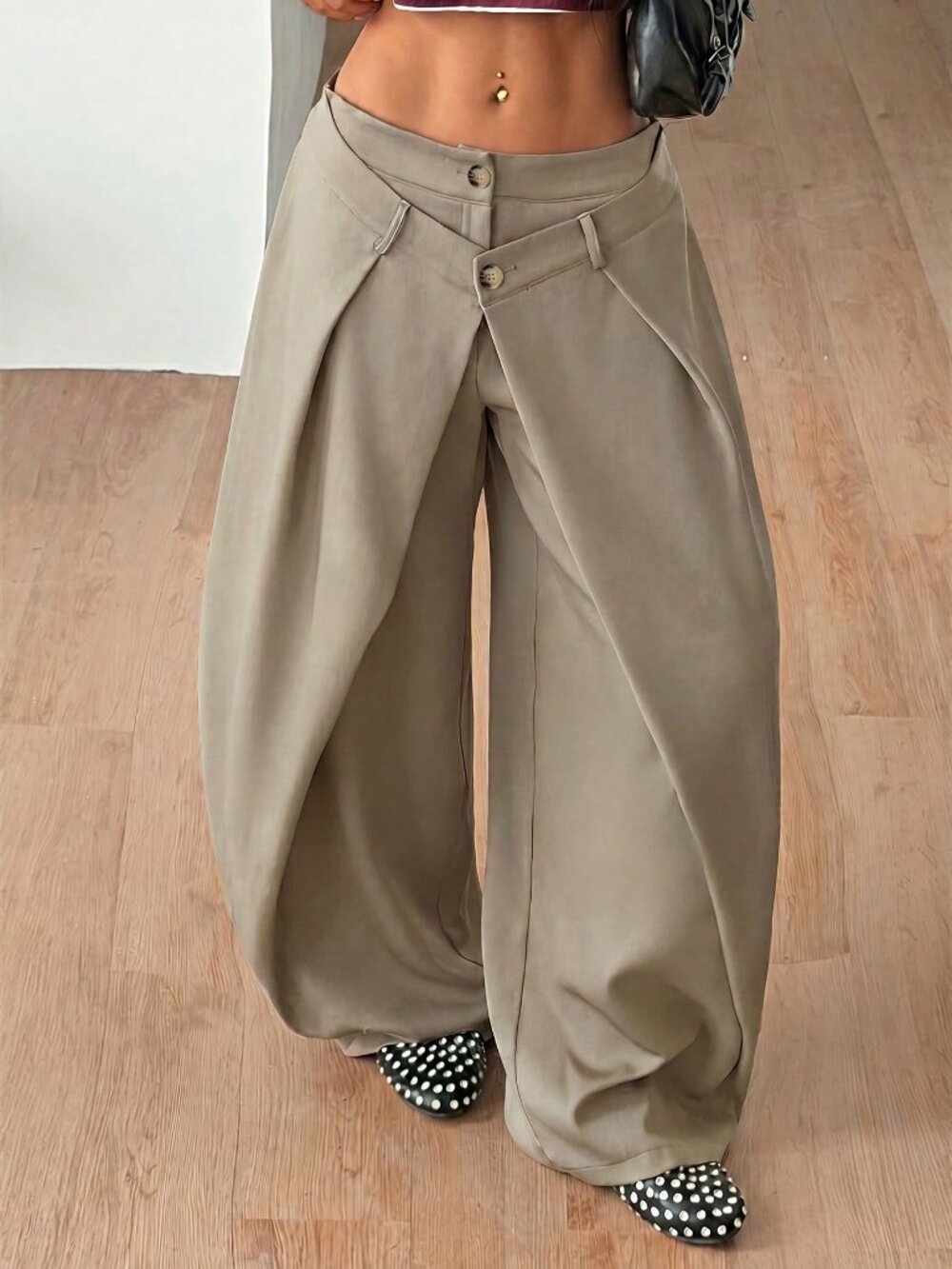Khaki Casual Women's Woven Asymmetrical Wide Leg Pants - Picture 5 of 7